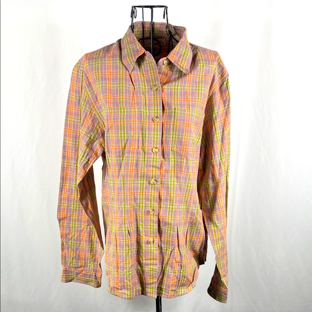 VINTAGE COUNTY SEAT Women’s Plaid Button Up Top XL Front‎ Pockets Long Sleeve